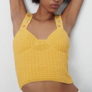 Zara - Yellow Floral Embroidered Knit Crop Top